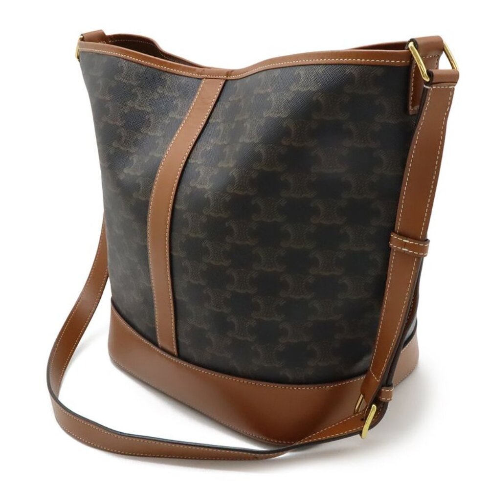 Celine Triomphe Medium Bucket Shoulder Bag Crossbody Triomphe Canvas Calfskin - Picture 2 of 8